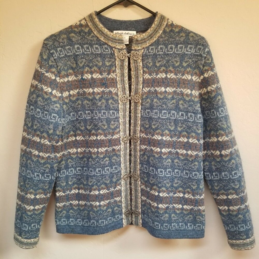 Telluride Clothing Womens XS Wool Fair Isle Cardigan Sweater Blue Chinese Button